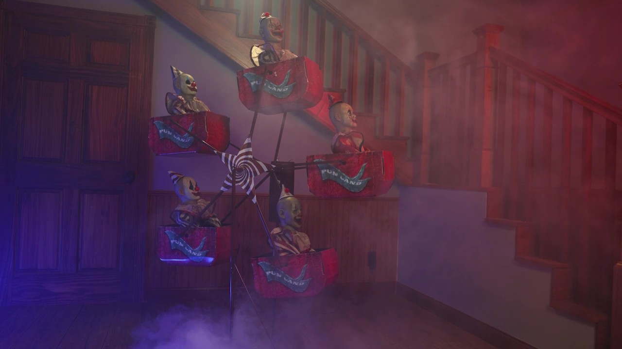 Turn your haunt into a demented circus with this 6FT animatronic Ferris wheel! Grinning evil clowns spin around as eerie carnival sounds echo through the night.